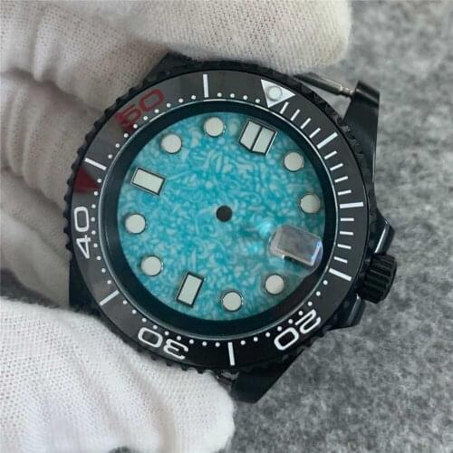 For NH35 Movement Black PVD Coating Watch Case Light Blue Dial Ceramic Bezel Watch Case for NH35 Movement Modification Kits