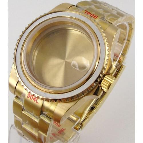 40mm Yellow Gold Plated Watch Case+Oyster Bracelet Fit For NH35 Miyota 8215 821A ETA 2836 Movement Sapphire Glass Date Cyclops