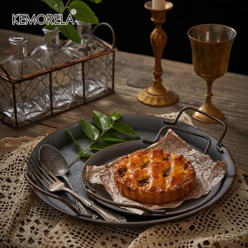 Retro Old Round Wrought Iron Belt Double Ear Storage Tray Bread Tray Home Decoration Photo Prop Metal Ribboned Round Iron Tray