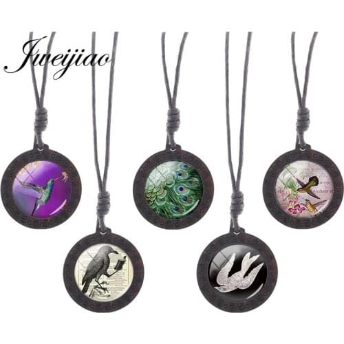 JWEIJIAO Peacock Love Bird Picture Glass Personality Women Necklaces Handmade Wooden Pendant Jewelry Fashion Accessories BP01
