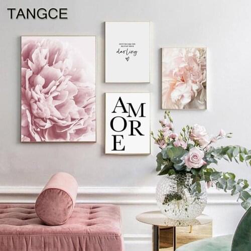 Nordic Pink Peony Canvas Posters Prints Abstract Wall Painting Flower Phrase Wall Art Picture for Living Room Bedroom Home Decor