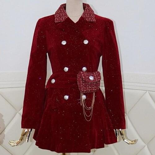 New arrival fashion velvet red blazer women diaomd double breasted slim waist pleated small suit