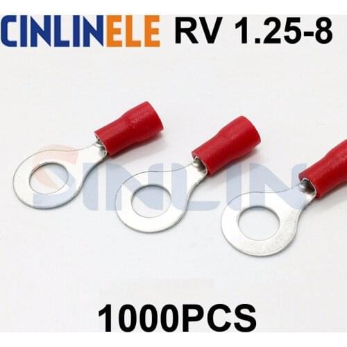 1000pcs Crimp Terminal RV1.25-8 22-16AWG 0.25-1.65mm^2 Crimp terminals Red Ring Terminal Brass RV1-8