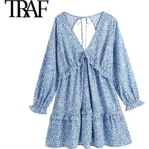 TRAF Women Chic Fashion Animal Print Ruffle Mini Dress Vintage Backless Bow Tied Side Zipper Female Dresses Vestidos