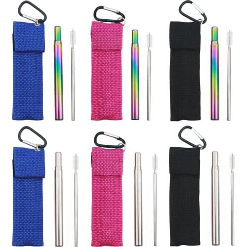 304 Stainless Steel Metal Straw Reusable Telescopic Straw Collapsible Portable Drinking Straw Set with Cleaning Brush Woven Bag
