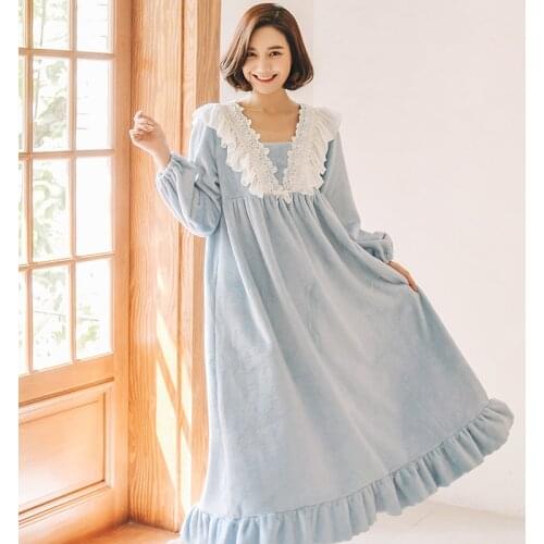 Thicken Flannel Female Nightgowns For Women Winter Warm Sweet Princess White Lace Sleepwear Feminino Nightwear Xmas Gift