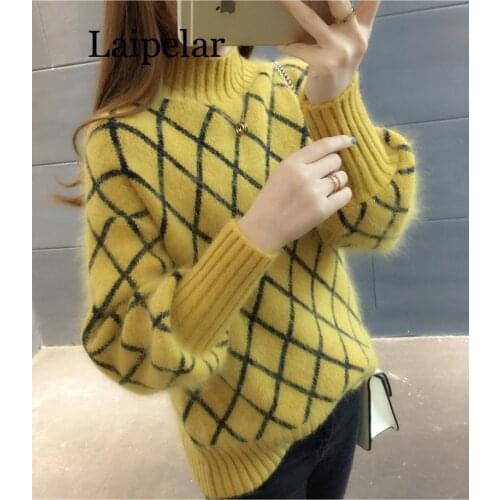 Womens Casual Lantern Sleeve Turtleneck Plaid Knitted Oversize Pullover Sweater Loose Thick Jumper Tops Korean New Winter