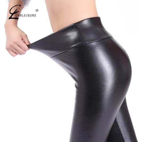 CHRLEISURE Women Leather Leggings Plus Size High Waist Leggings Fashion PU Leather Black Legging Streetwear Pencil Pants Female