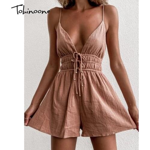 Tobinoone Deep V Neck Tie Front Sexy Romper Women Summer Spaghetti Strap Backless Jumpsuit Solid High Waist Casual Jumpsuits