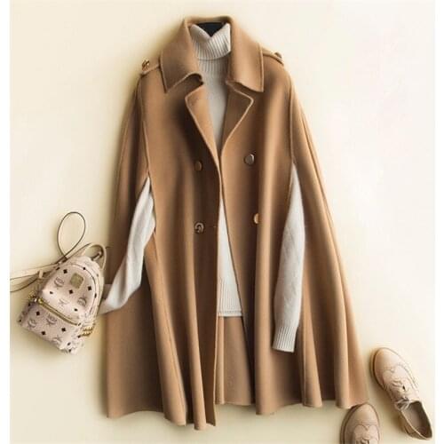 2021 Spring Autumn Woolen Blended Coat Women Cloak Loose Double Sided Cashmere Fashion Black Mid Long Cape Overcoat Abrigo Mujer