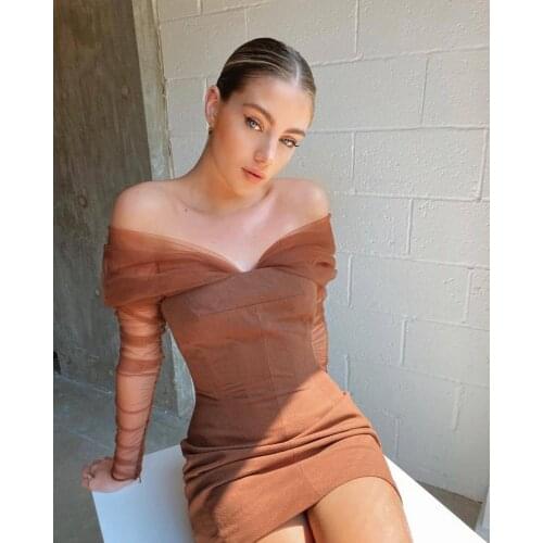 High Quality Autumn New Sexy Off Shoulder Lace Full Sleeves Mini Bandage Dress 2020 Elegant Celebrity Designer Party Dre