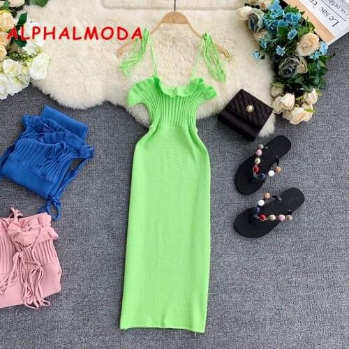 ALPHALMODA Japanese Sweet Knitted Dress Ruffled Trim High Waist Women Sexy Suspender Beach Holiday Knit Vestidos Candy Color