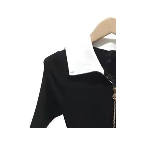 Women Knitted Dress Mini Dress Lady Zipper Turn Down Collar Short Dress 2021Autumn Female Knee Length Robes