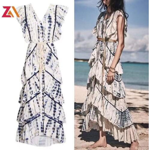 Vintage Print Hit Color ruched midi-long Dress for Women V Neck Sleeveless High Waist Patchwork Ruffle Dresses Female vestidos