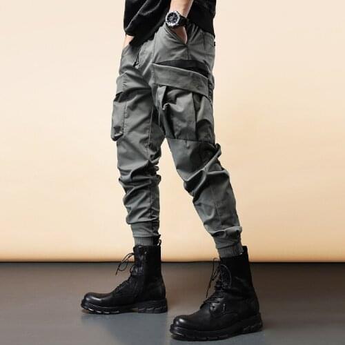 New Cargo Pants Men Casual Big Side Pockets Loose Drawstring Trousers Army Green And Black