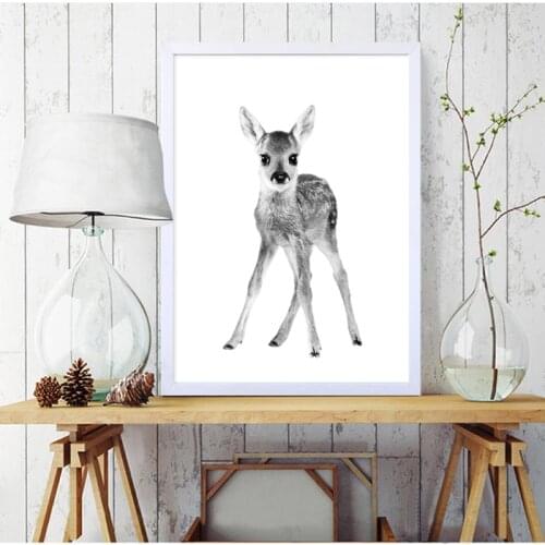 Baby Animal Deer Canvas Art Print Wall Picture , Black And White Animal Deer Canvas Painting Poster Nursery Art Decor