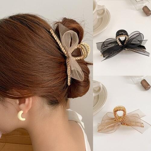 Elegant Claw Clips Net Yarn Bow Gentle Fairy Rhinestone Catch Clip Korea Hair Accessory Back Tassel Shark Clip Headdress Hairpin
