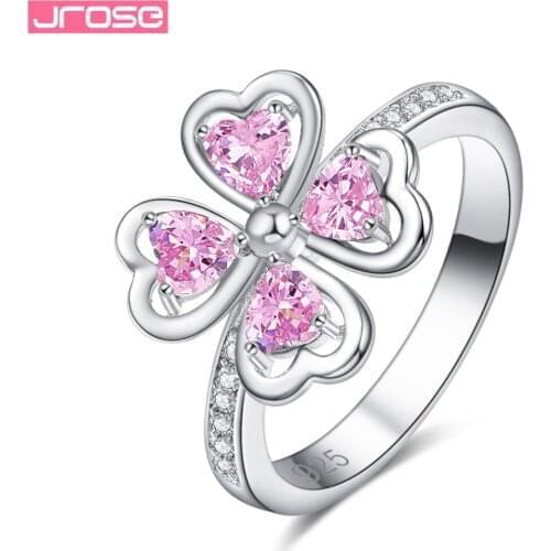 JROSE Clover Style Heart Romantic Gifts Rainbow Pink White Cubic Zirconia Silver Ring Size 6 7 8 9 10 11 Engagement Wedding Ring