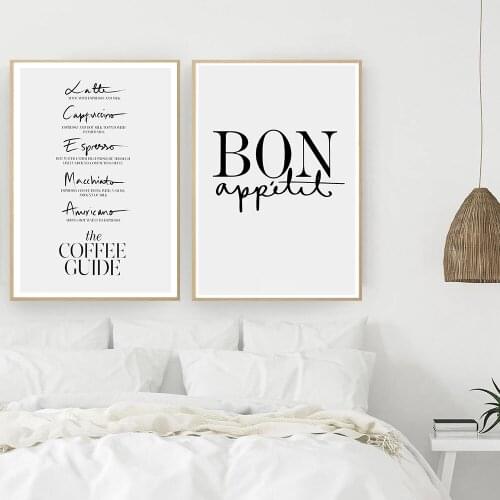 Coffee Guide Bon Appetit Quotes Poster Black White Kitchen Wall Art Print Canvas Painting Modern Pictures Dining Room Home Decor