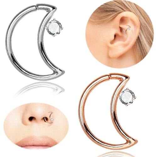 Trendy Gold Color Stainless Steel Clip On Hoop Moon Nose Stud Piercing CZ Crystal Nose Rings & Studs Ear Piercing Jewelry