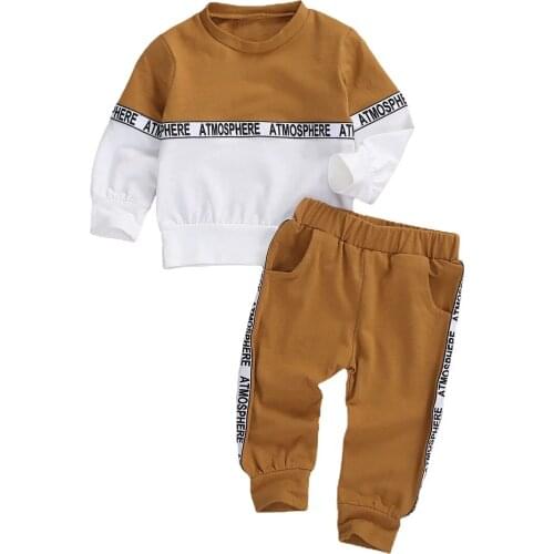 1-4Years Baby Boys Long-sleeved Suit Stitching Round Neck T-shirt and Solid Color Elastic Long Pants