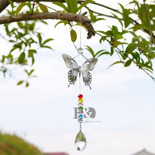 H&D 11inch Chandelier Crystals 38mm Prisms Rainbow Beads Chakra Butterfly Suncatcher for Gift