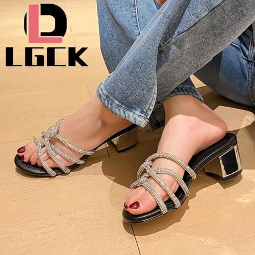 HOT Sell Fashion Heels Slippers Women Sandals Summer Shoes Woman Transparent Square Heel High Shining Pumps Womens Slippers