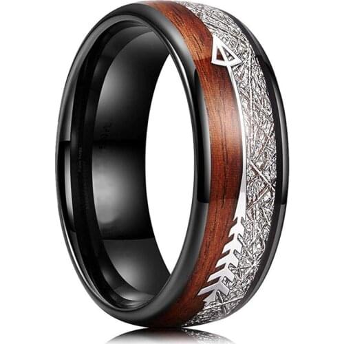 New Mens Fashion 8mm Ring Black Stainless Steel Inlaid Wood Grain Arrow Male Ring Anniversary Work Wear Jewelry