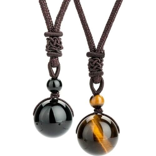 14mm Tiger Eyes Obsidian Beads Necklace Natural Stone Pendant Adjustable Fashion Charm Jewellery Carved Amulet Gifts for Men Her