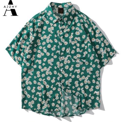 Summer Shirts for Men Daisy Flower Print Hawaiian Shirts Breathable Streetwear Harajuku Korean Button Up Shirt Men 100% Cotton
