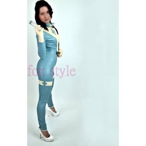 Sexy latex uniform garment clothes for ladies in skye blue and white trim