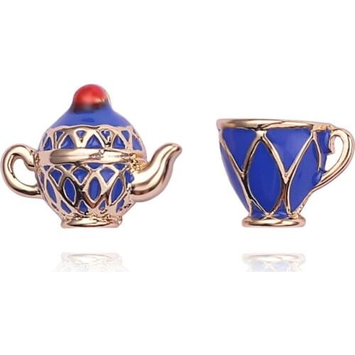 Cute Grape Mini Asymmetrical Handmade Enamel Glaze Stud Earrings Vintage Blue Teapot Teacup Earrings Cup Needle Earrings