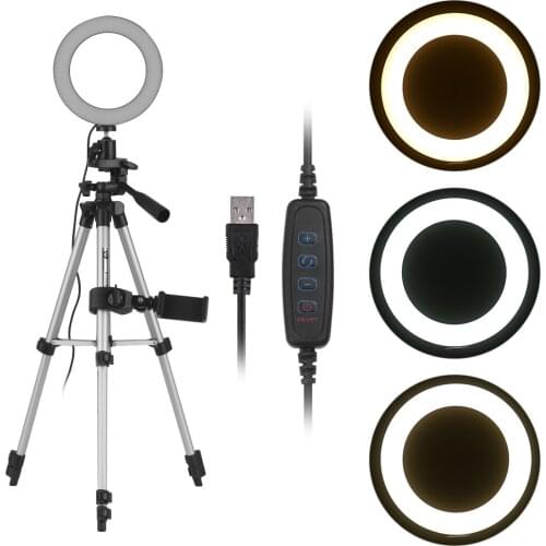 Adjustable Brightness 6 Inch Mini LED Ring Light 10 Levels USB with Tripod Stand Phone Holder for YouTube Live Video Recording