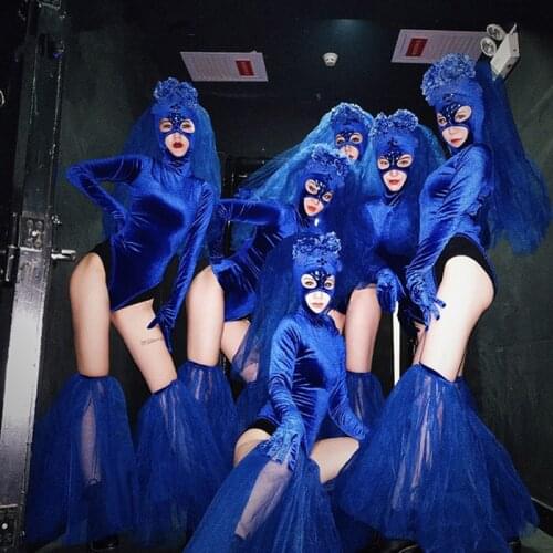 Nightclub Party Bar Show Wear Blue Crystals Mask Bodysuit Sexy Dance Costume Leader Team Singer Performance Dance Costume