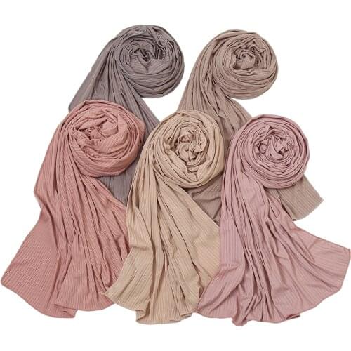 High Quality Stripe Jersey Hijab Shawl Plain Cotton Scarf Elasticity Scarves Women Islamic Muslim Wrap Crinkle Bandana