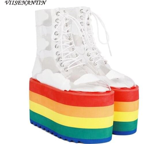 VIISENANTIN Rainbow 11cm Heel Platform Lady Boots Socks Boots Shoes Clear PVC Transparent Lace-up Cloud Stars Height Increasing