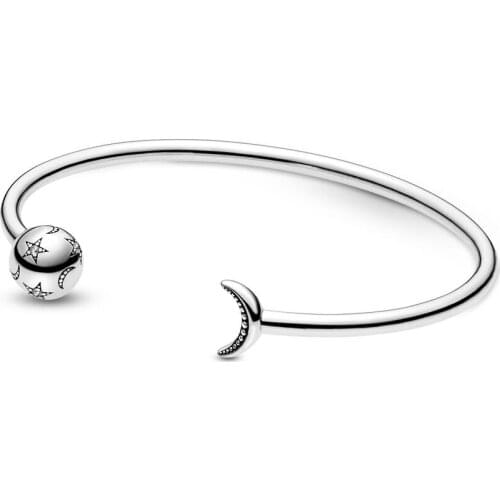 Authentic 925 Sterling Silver Moments Moon & Stars Open Fashion Bangle Fit Pandora Women Bead Charm Bracelet Gift DIY Jewelry