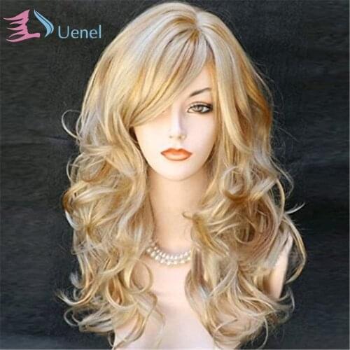Uenel 21'' Long Curly Body Wavy Cosplay Wig For Women Blonde with Highlights Heat Resistant Synthetic Full Hair Wig
