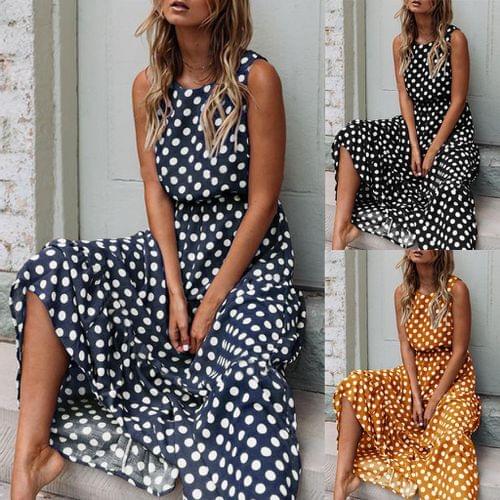Women Sexy Dot Printing Sleeveless O Neck Long Dress Evening Party Dress for women clothing 2022