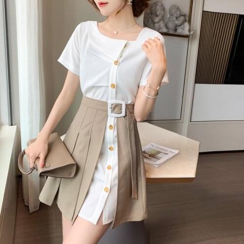 Fashion Women Summer Shirt Dress Stylish Patchwork 2 Piece Dress Single Breasted Short Sleeve Female Mini Dress Korean