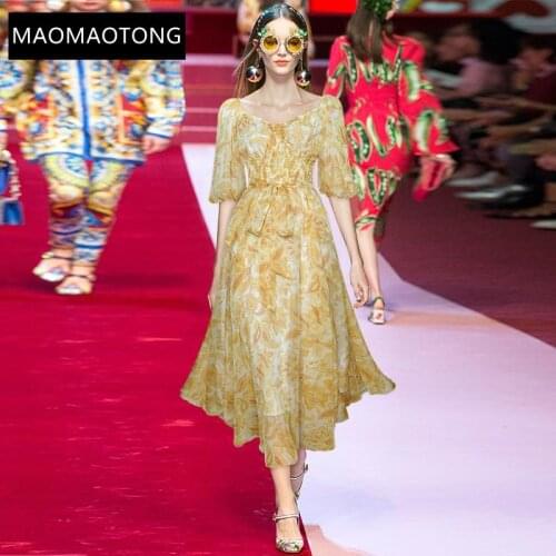 Fashion Runway Summer Chiffon Dress Women V-neck Lantern sleeve Elastic waist Floral print Vintage Holiday Party Dress