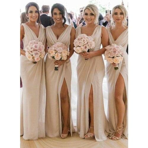 Womens Vintage Long Champagne Bridesmaid Dresses with Slit A-Line V-Neck Custom Made Lace Up Formal Wedding Party Dresses