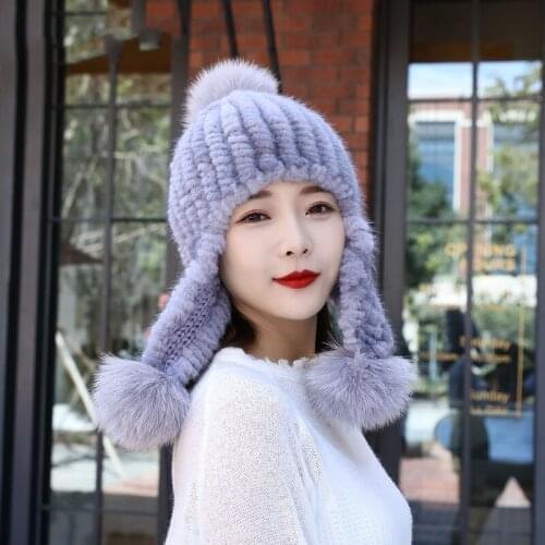 Winter fashion lady cap real mink hair hand knitted ear cap winter bomber hats free shipping