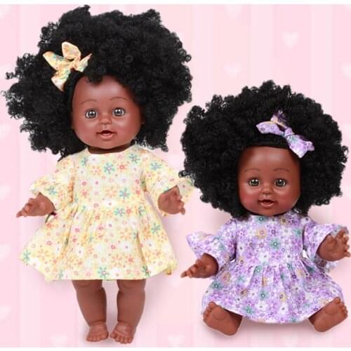 066B 9’’ Baby Girl Doll Reborns Simulation Doll Lovely Toddler Gift Interactive Soft African Doll with Black Hair & Accessory
