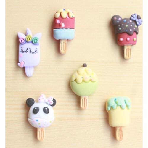 50pcs 6 Style Mixed Cartoon Mouse Panda Unicorn Head Popsicle Ice Cream Flatback Planar Resin Cabochon DIY Craft Embellishments