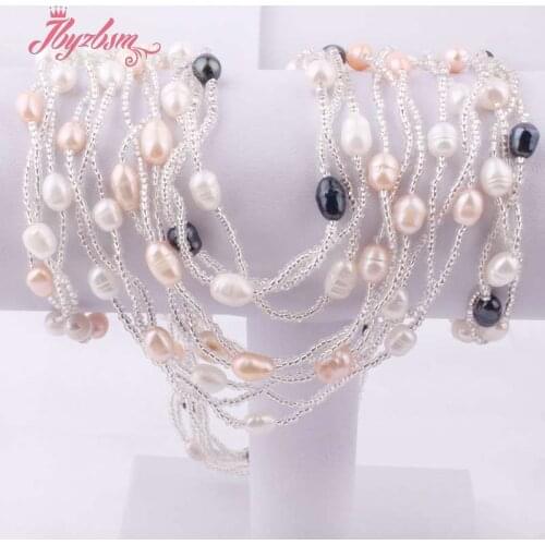 6-8mm Natural Oval Freshwater Pearl Glass Stone Beads Handwork Necklace 17" Bracelets 6.5" 1 Set,Magnet Button,Free shipping