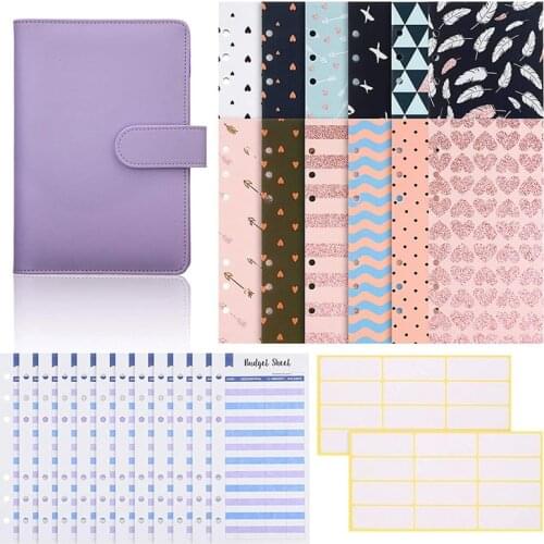 6 Holes Budget Envelopes 12 Pieces Expense Budget Sheets and A6 PU Leather Notebook Binder for Management and Budgeting