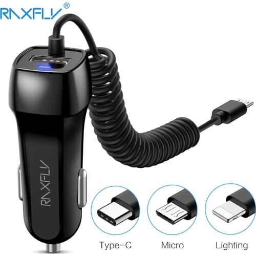 RAXFLY Car Charger For Mobile Phone Charger Adapter For iPhone Samsung Xiaomi Micro USB Type C Car-Charger With USB Cable