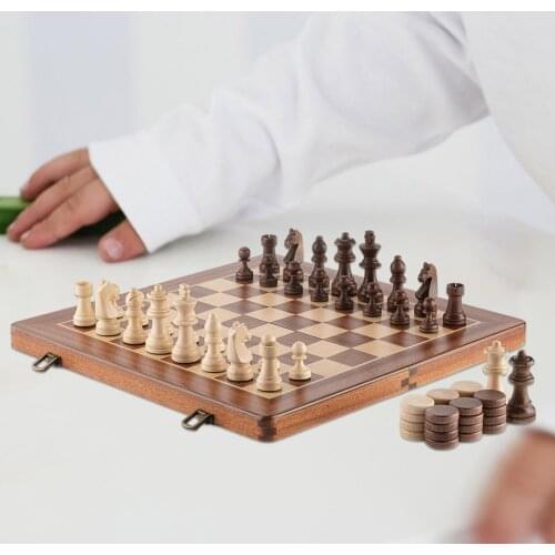 15 Inches Wooden Chess & Checkers Family Travel Board Game for Kids Adults