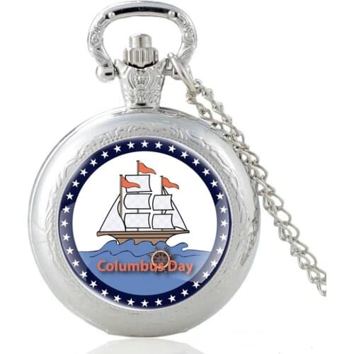 Classic Columbus Day Design Silver Vintage Quartz Pocket Watch Men Women Glass Dome Charm Pendant Necklace Hours Clock Gifts